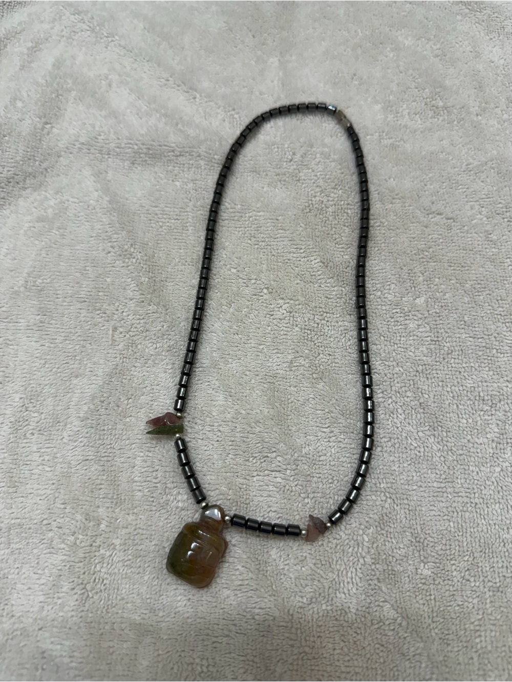 Handcrafted Hematite Bead Necklace with Olive Green Tortoise Stone Pendant